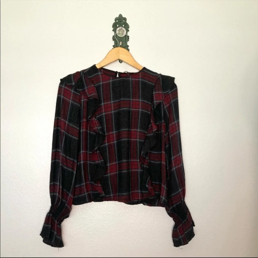 Zara Red & Gray Tartan Plaid Ruffle Top - Picture 1 of 4